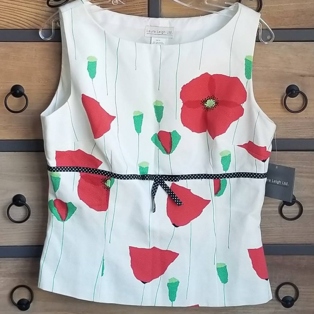 Laura Leigh LTD Sleeveless Top in Whimsical Print Contrasting Ribbon Size 12